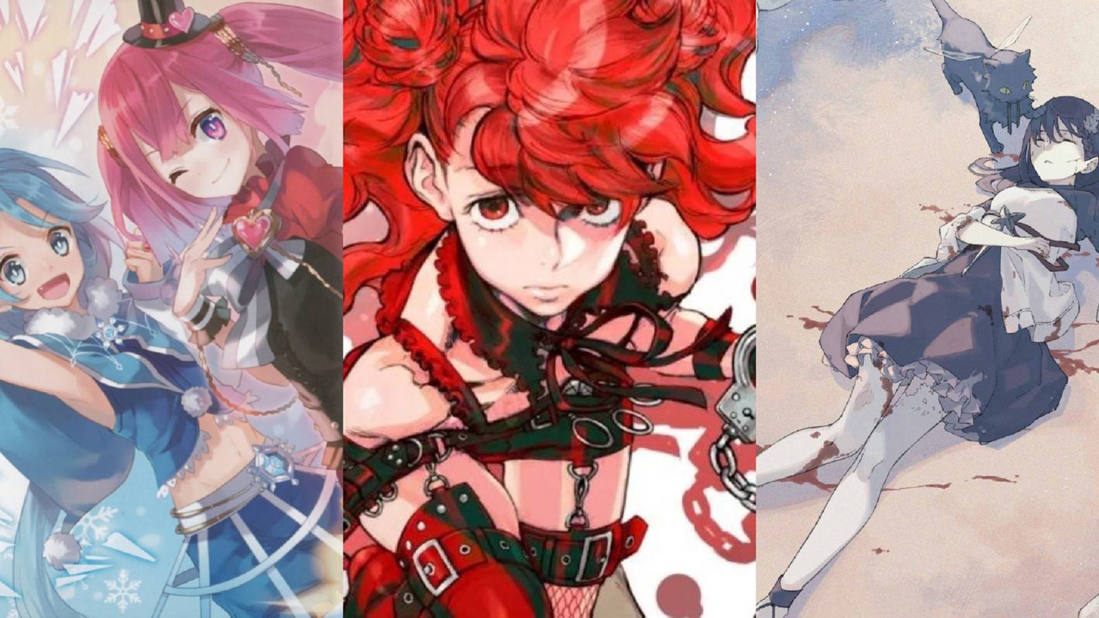 Split image of White Noisette's proxies from Bokura wa Mahou Shoujo no Naka, Risuka Mizukura from Shin Honkaku Mahou Shoujo Risuka, and Nanase Tsugumi from Hagakure Sakura Does Not Lament