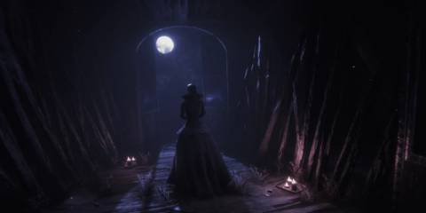 A woman stands in a dark hallway in a Victorian-era dress, looking out at the moon, 
