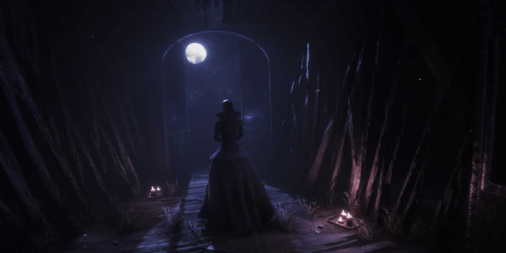 A woman stands in a dark hallway in a Victorian-era dress, looking out at the moon, 