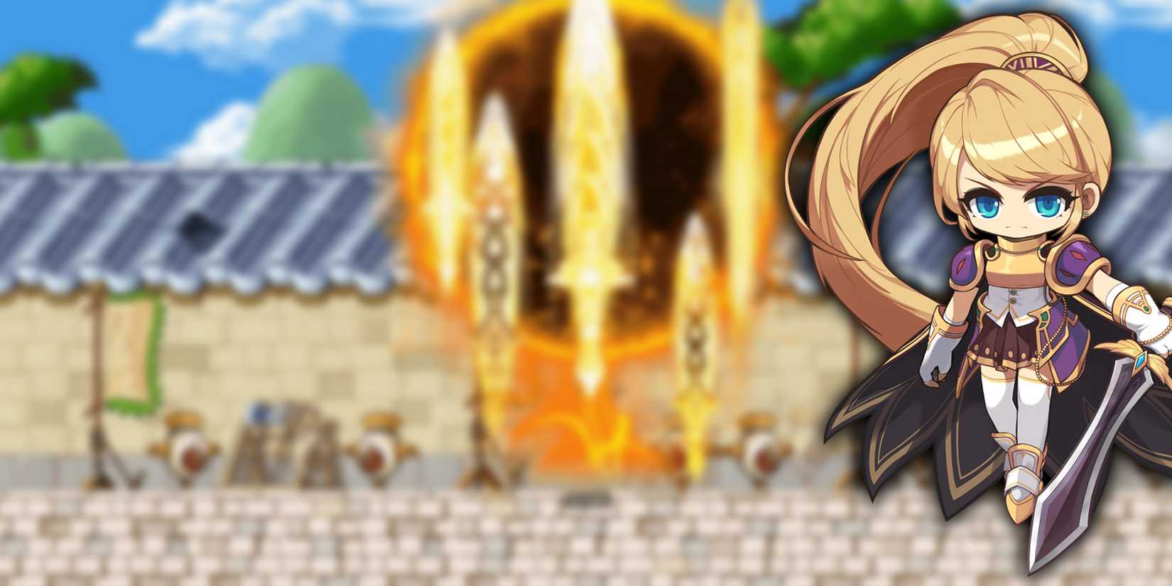 Maplestory - Dawn Warrior Using Impaling Rays Skill With PNG Of Dawn Warrior On Top