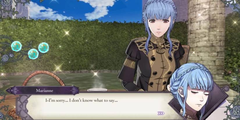 Marianne von Edmund in a tea party scene in the game.