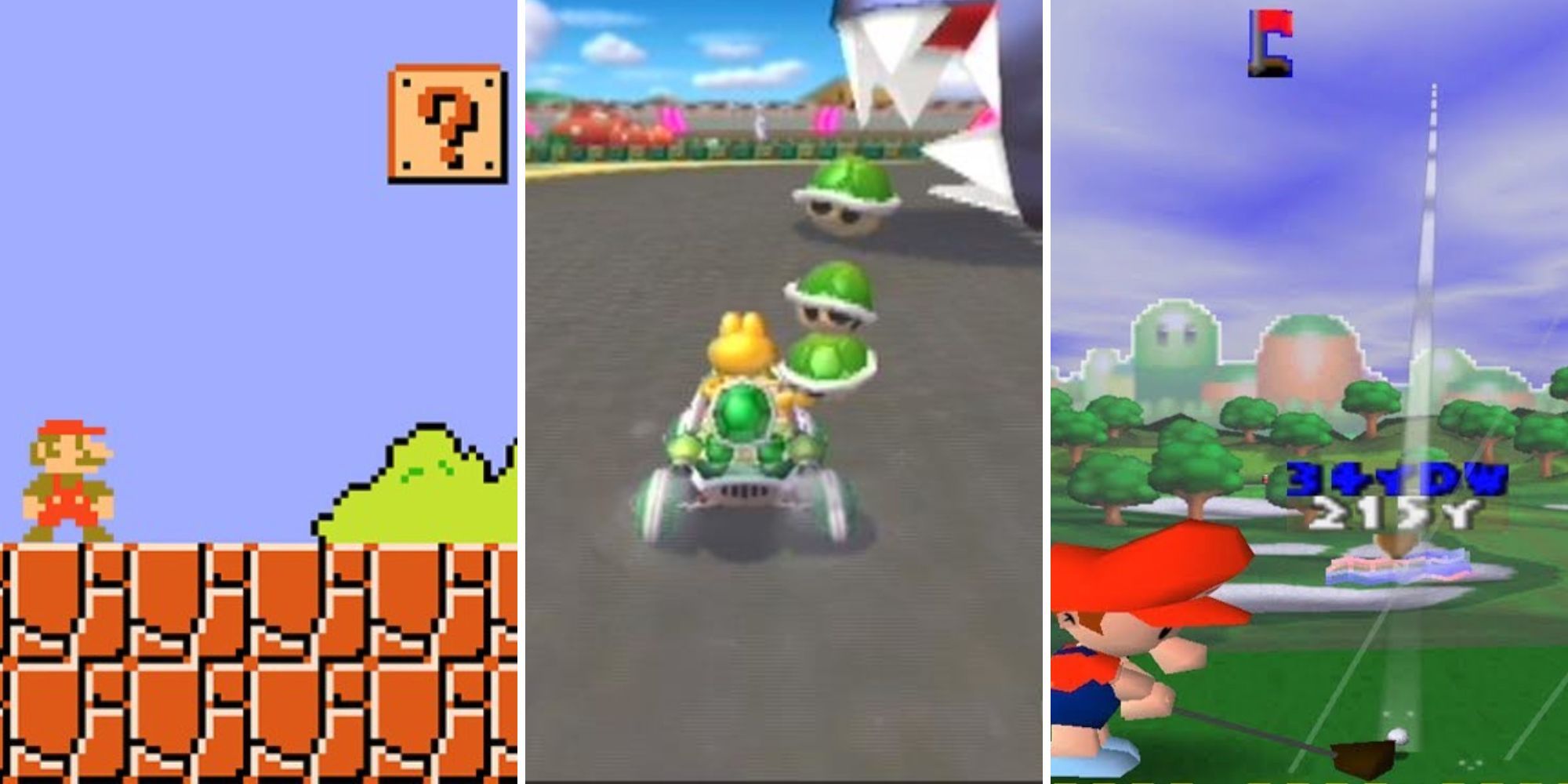 A grid of the three Mario games Super Mario Bros, Mario Kart: Double Dash and Mario Golf