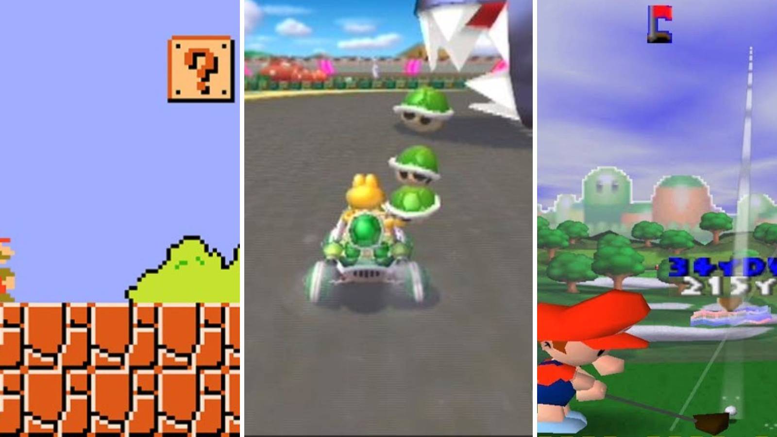 A grid of the three Mario games Super Mario Bros, Mario Kart: Double Dash and Mario Golf