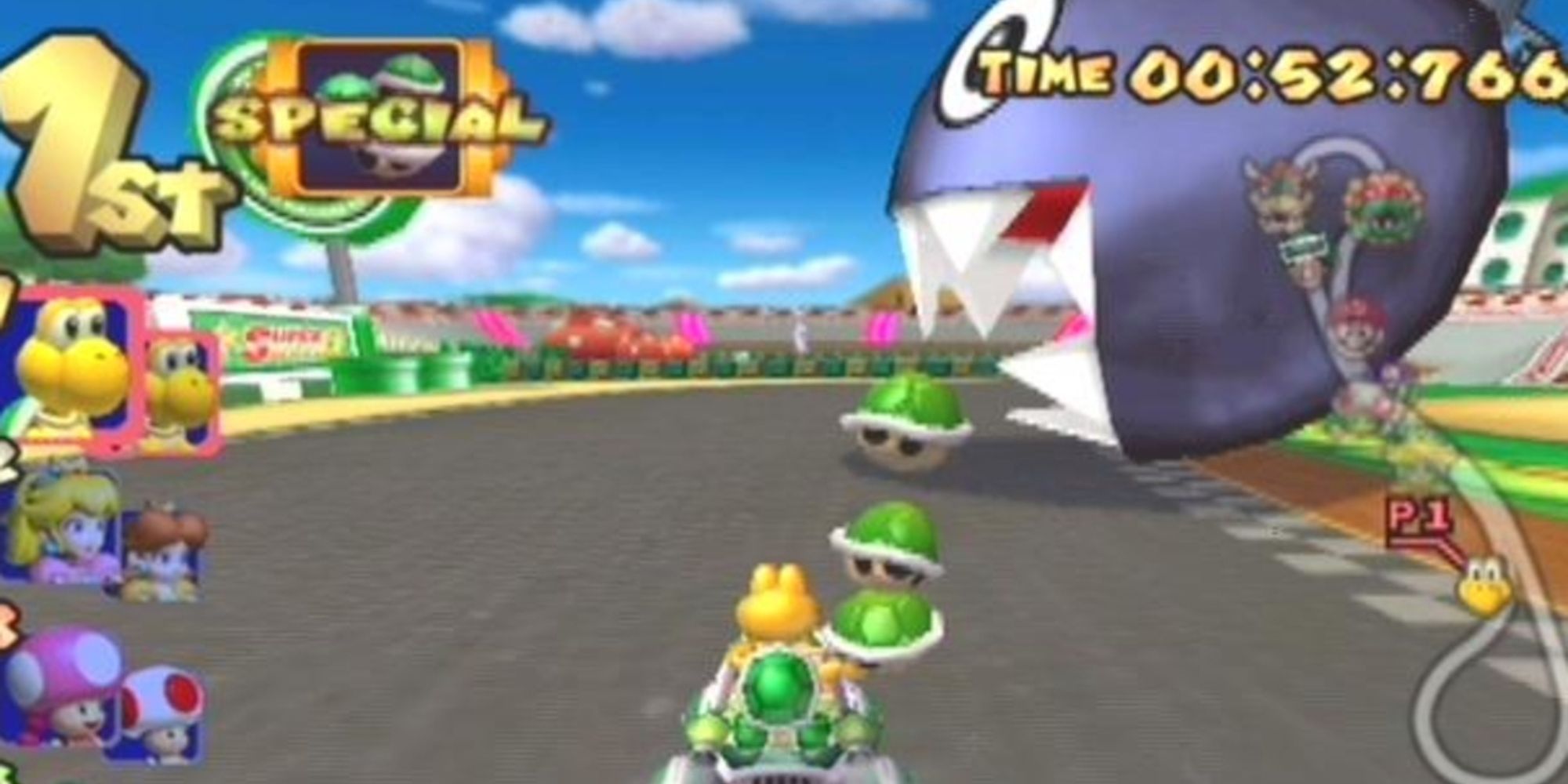 A cooper throwing a green shell in Mario Kart: Double Dash