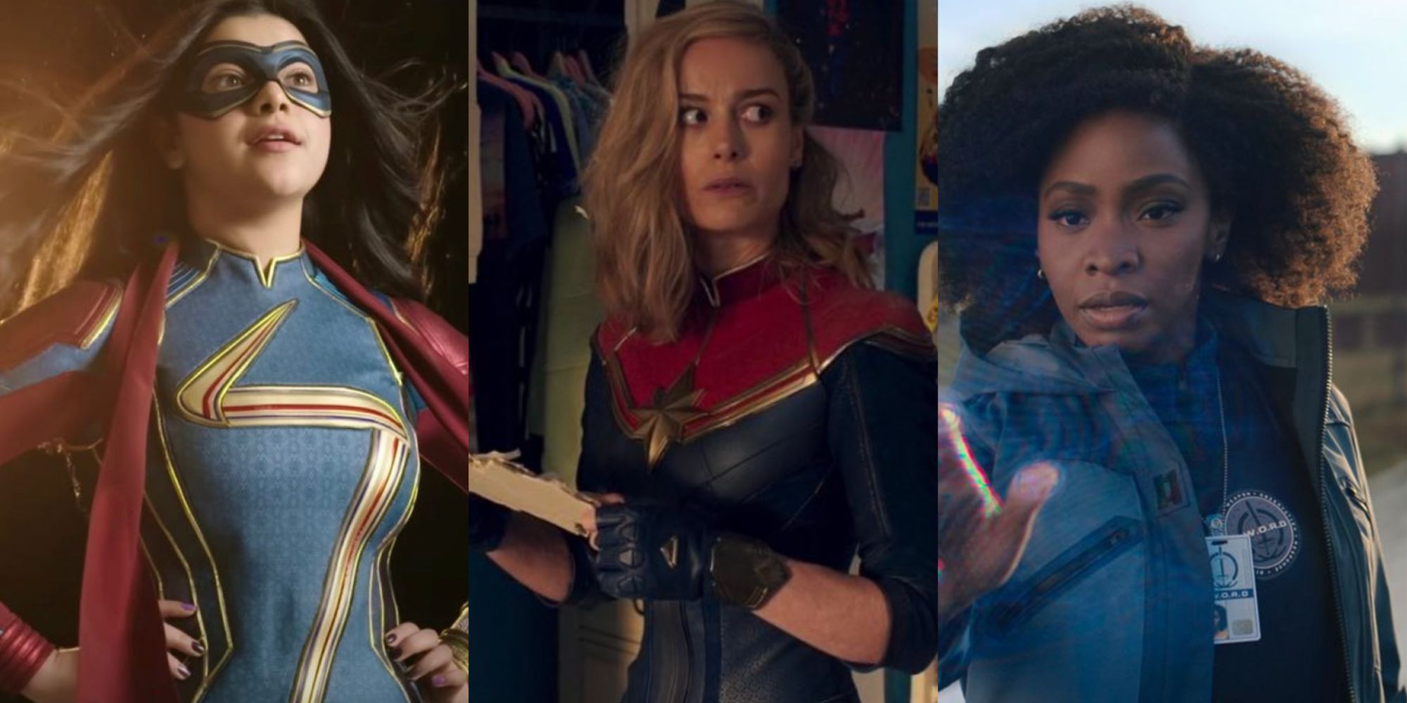 A split image features Kamala Khan, Carol Danvers, and Monica Rambeau in the MCU