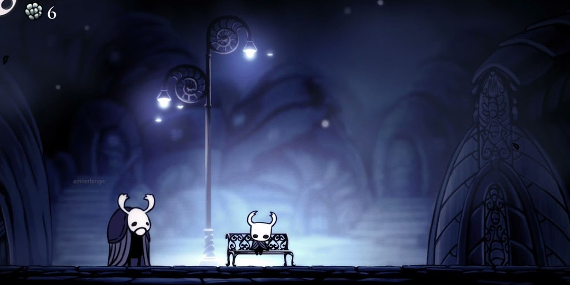Hollow Knight knight sitting on a bench