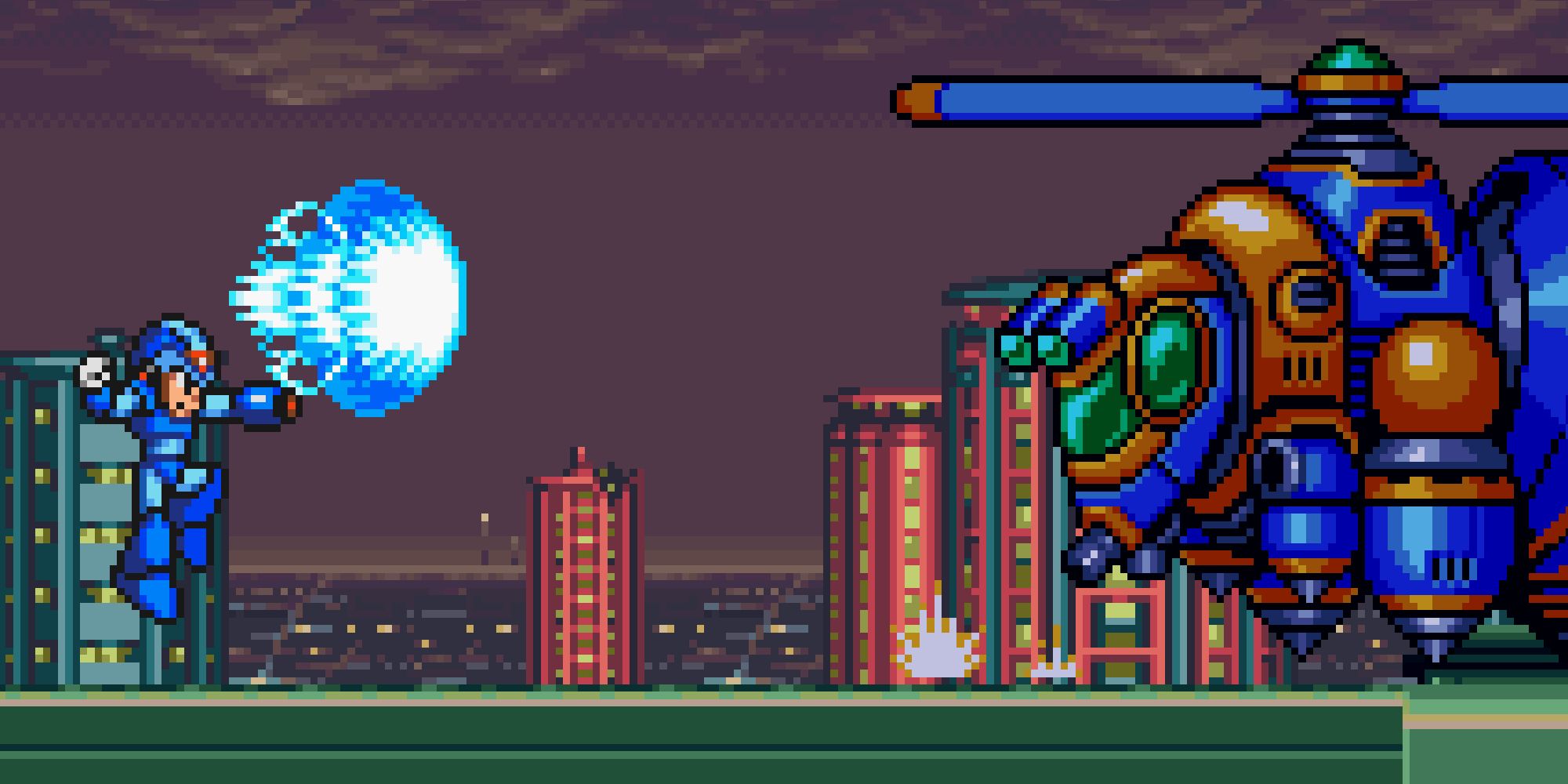 Mega Man firing a charge blast at a bee robot