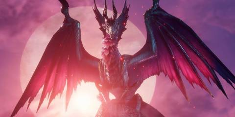 Malzeno posing in front of a full moon in a Sunbreak trailer