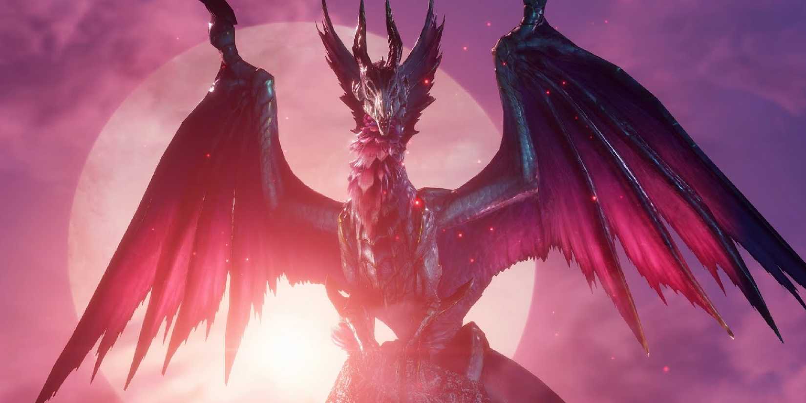 Malzeno posing in front of a full moon in a Sunbreak trailer