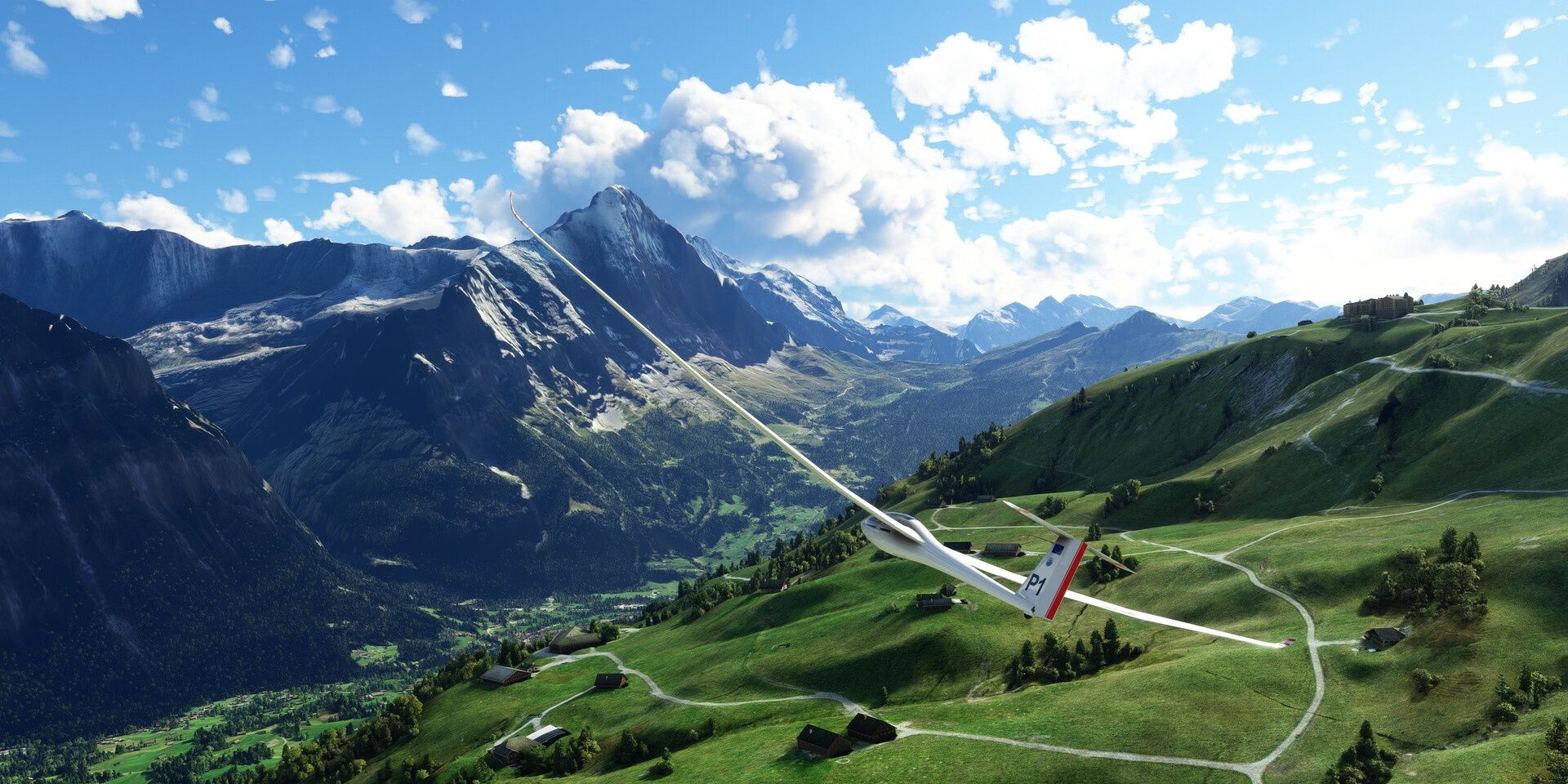 A plane flying above mountains in Microsoft Flight Simulator