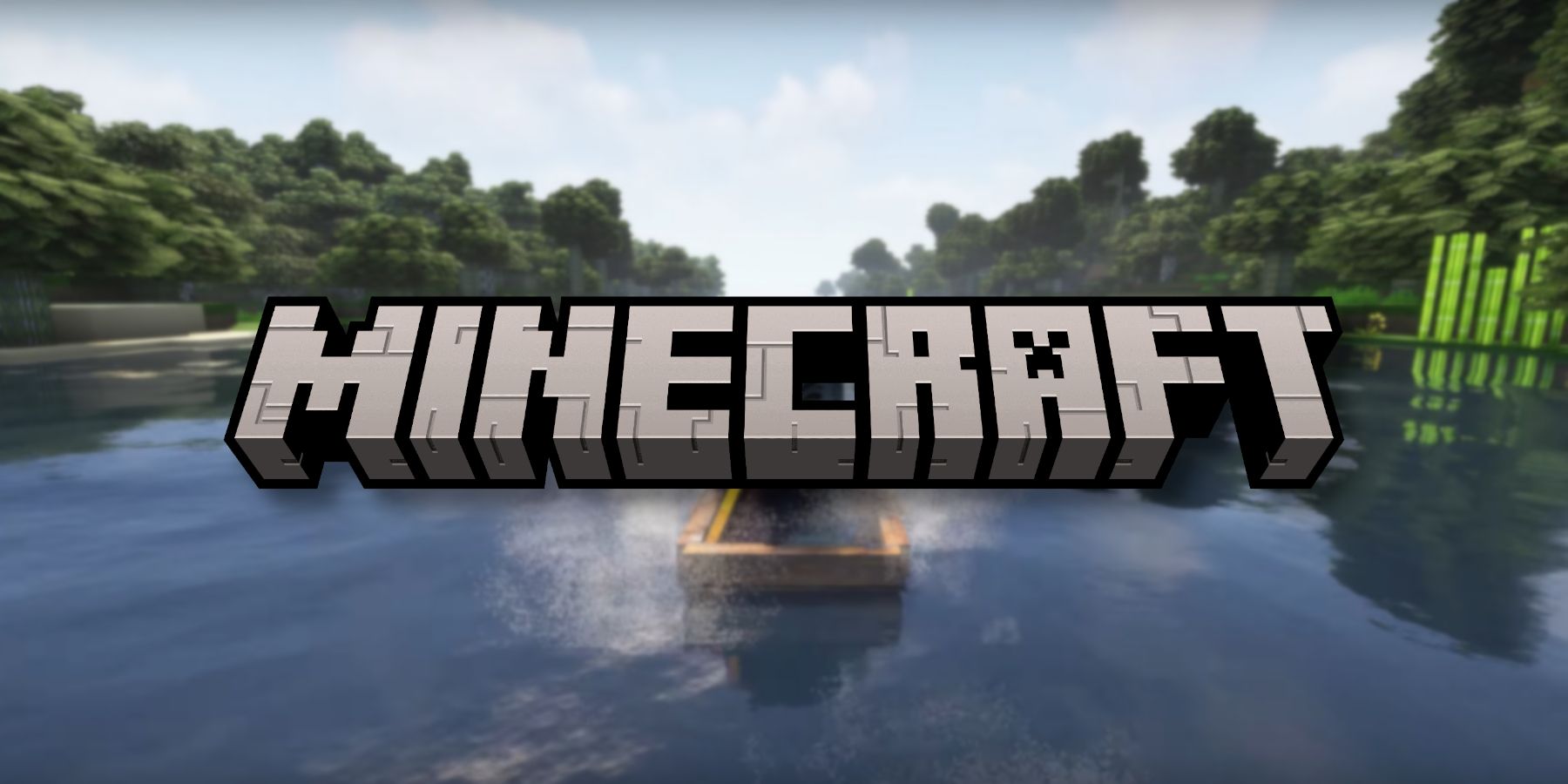 The Minecraft logo with the game in the background showing realistic water visuals.