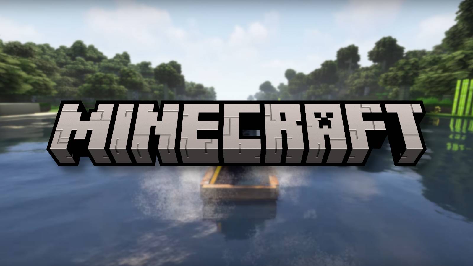 The Minecraft logo with the game in the background showing realistic water visuals.