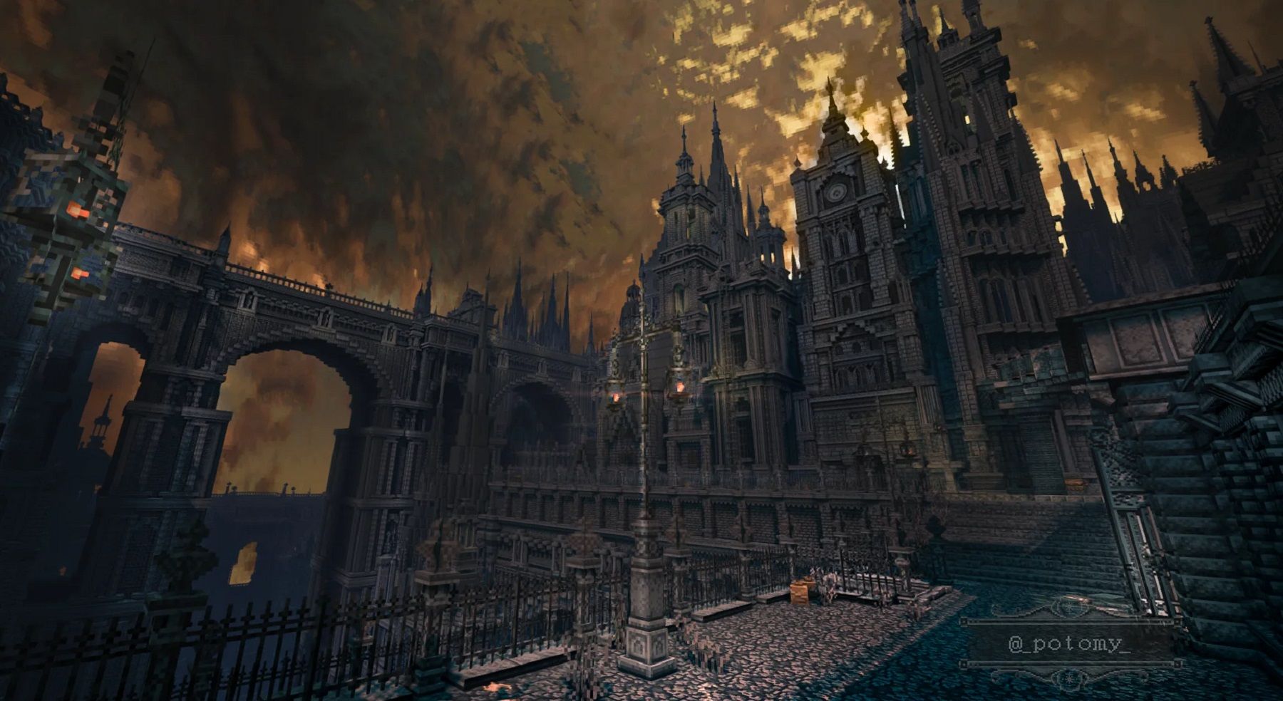 Minecraft screenshot showing a highly detailed recreation of the city of Yharnam from Bloodborne.