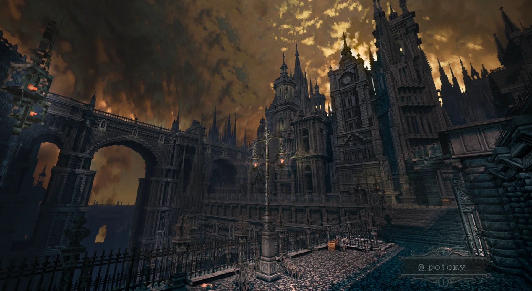 Screenshot from Minecraft showing a highly detailed recreation of Bloodborne's Yharnam city.