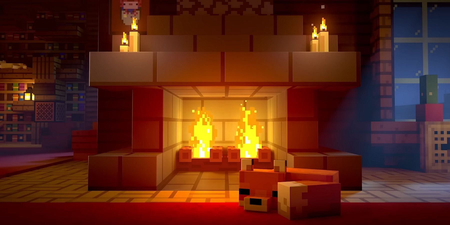 A Minecraft image shows a fox sleeping in front of a cozy fireplace.