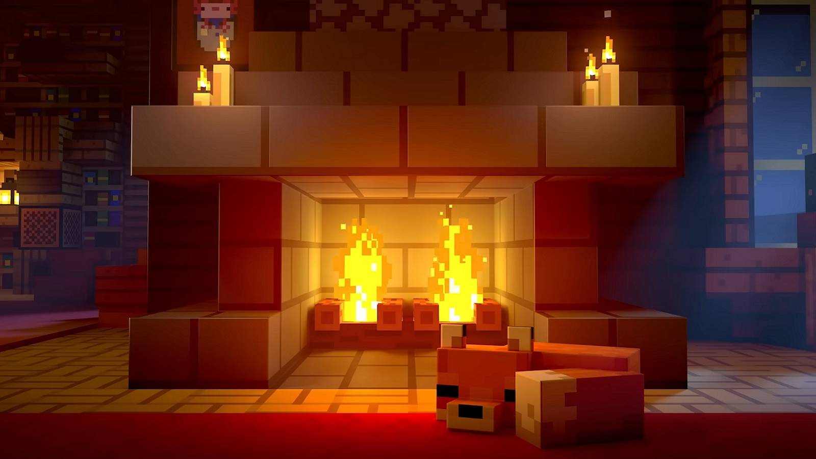 Image from Minecraft showing a sleeping fox lying in front of a cozy fireplace.