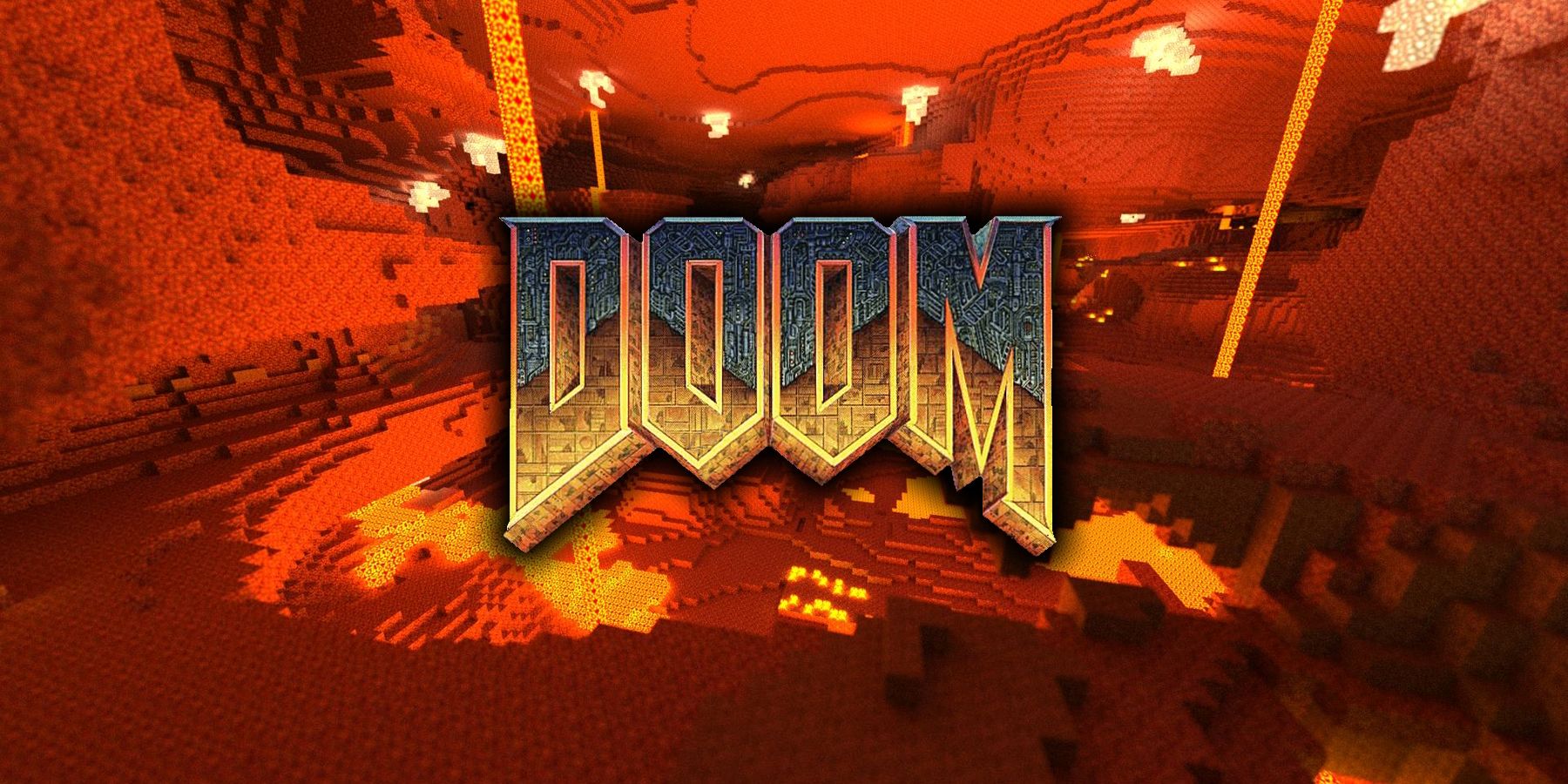 Capture d'écran du Nether dans Minecraft avec le logo Doom