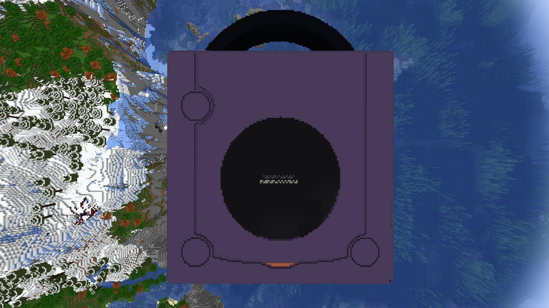 Screenshot from Minecraft showing a giant Nintendo GameCube from above.