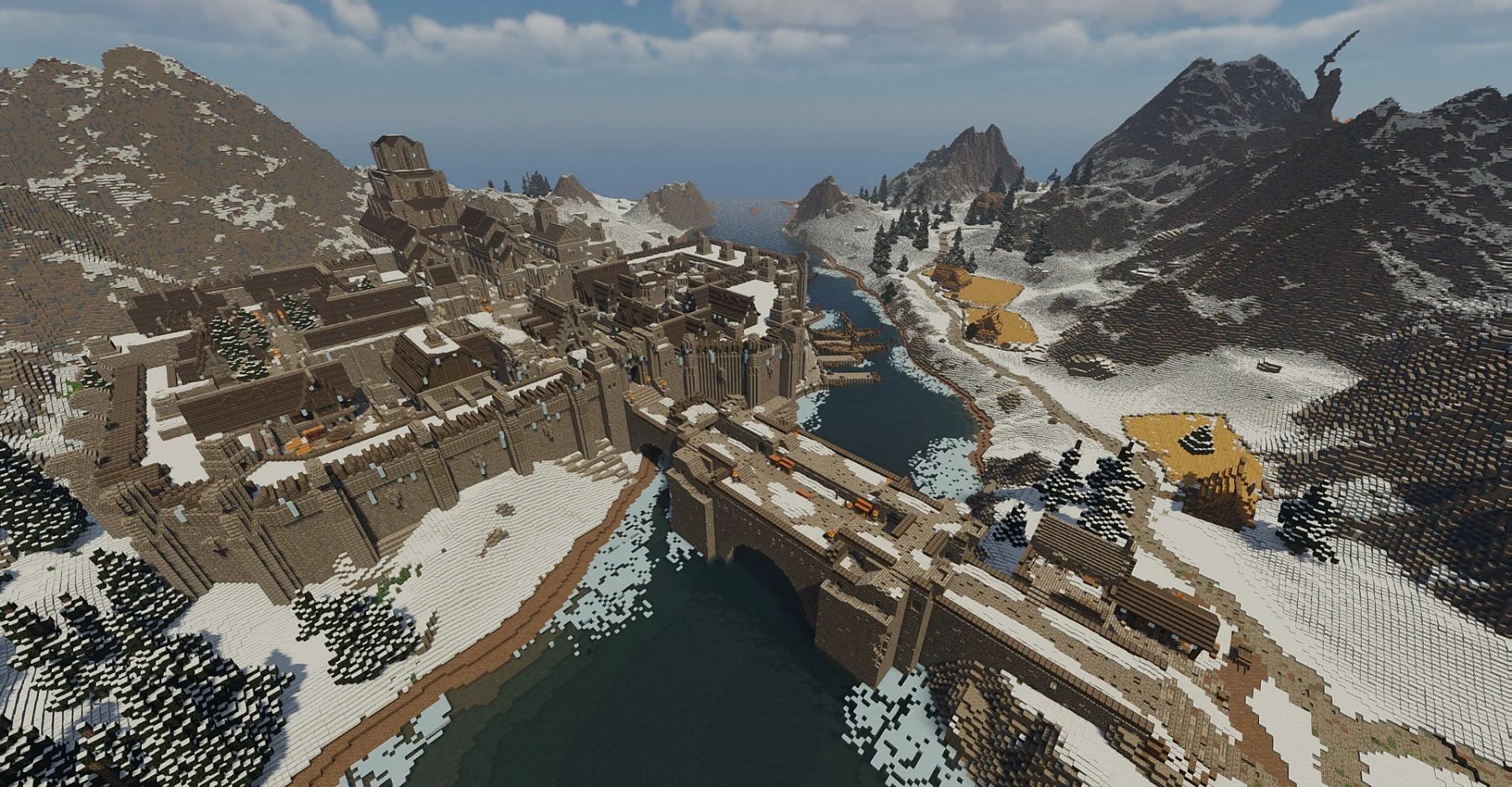 Capture d'écran de Minecraft montrant une photo grand angle d'une reconstitution de la ville de Skyrim, Windhelm.