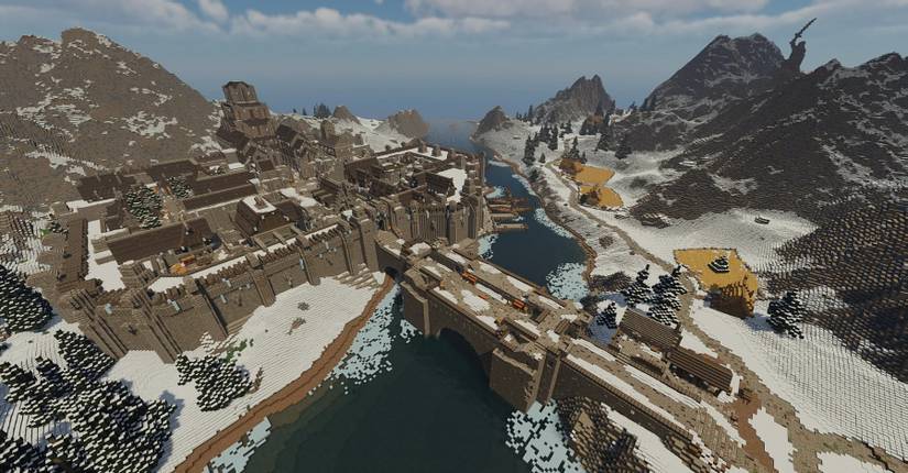 Screenshot from Minecraft showing a wide angle shot of a recreation of Skyrim's city of Windhelm.