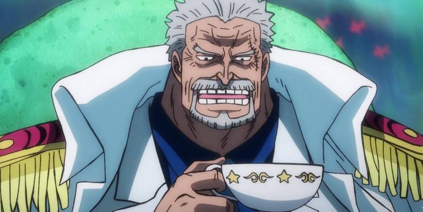 Monkey D Garp holding a cup in his hand