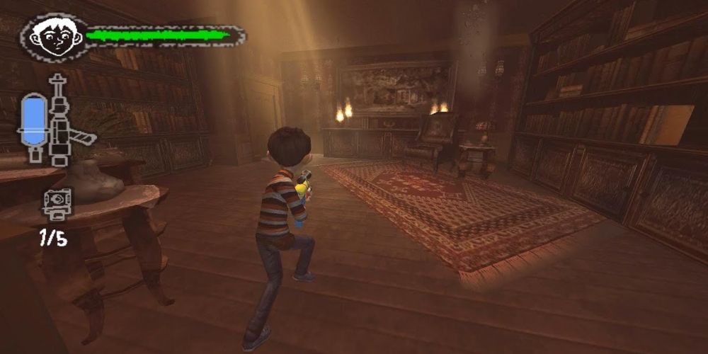 DJ patrols a library with his water gun in Monster House