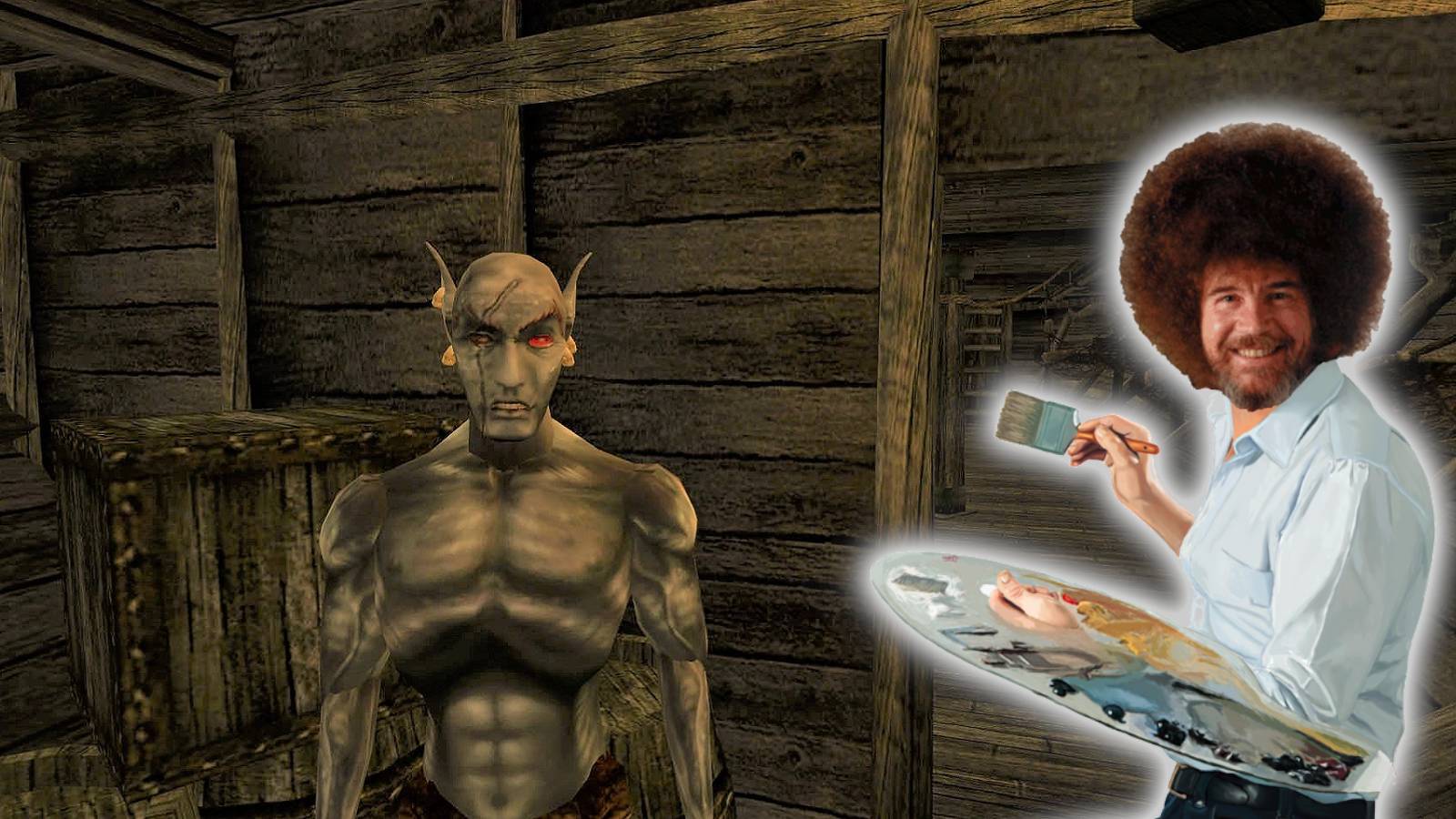 Image from Morrowind showing Bob Ross next to Jiub at the start of the game.