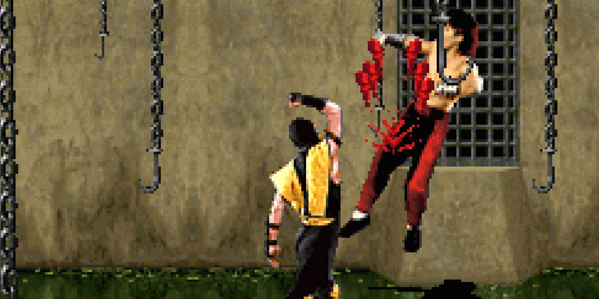 Scorpion punching another character in Mortal Kombat 2