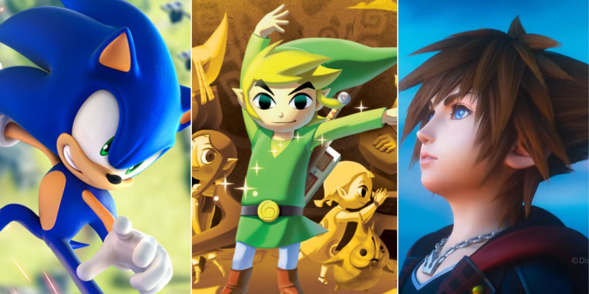 split image of sonic the hedgehog, toon link from wind waker, and sora from kingdom hearts 3