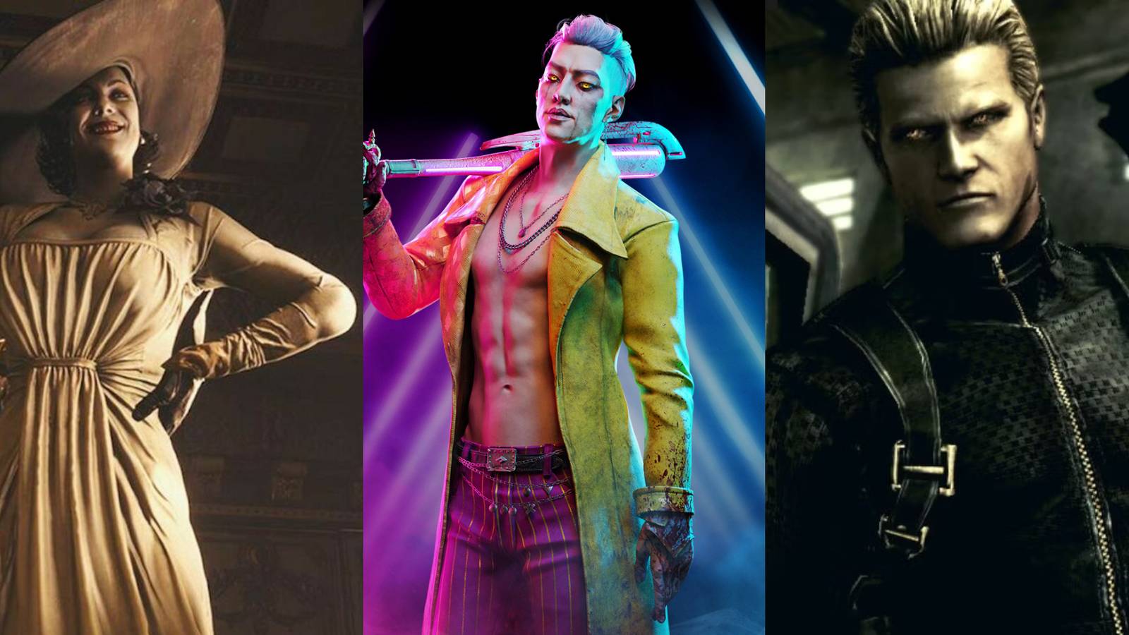 An image featuring Lady Dimitrescu, the Trickster and Albert Wesker in all the stylish glory.