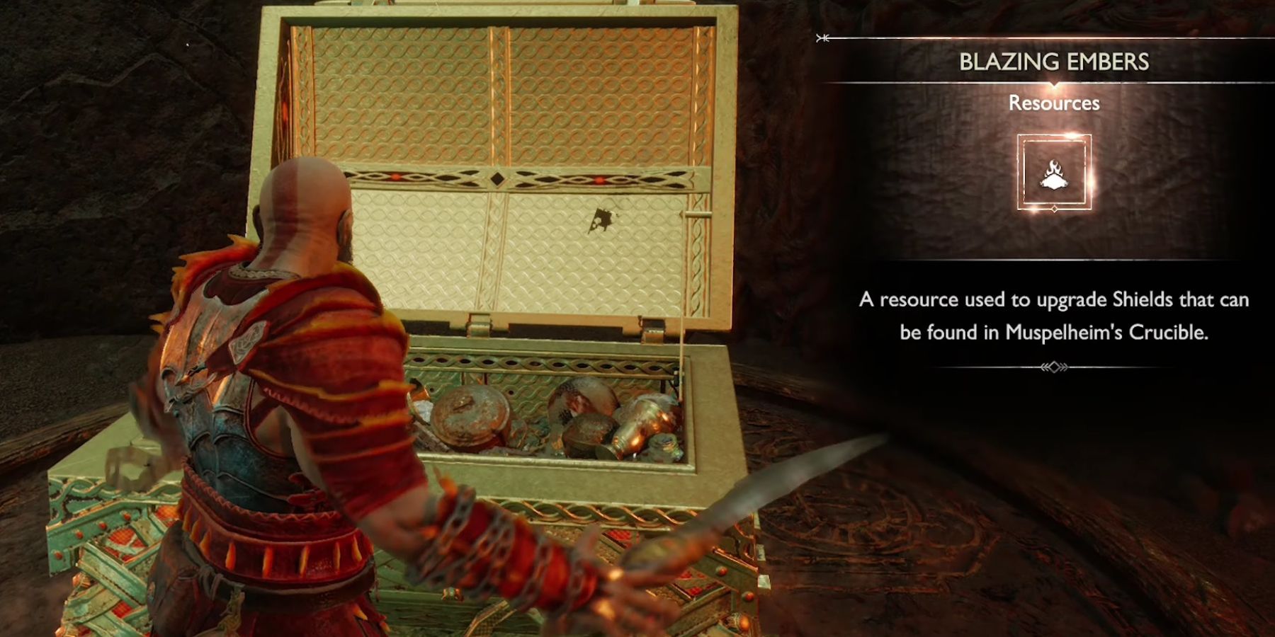 Kratos finds Blazing Embers inside a Legendary Chest In God of War Ragnarok