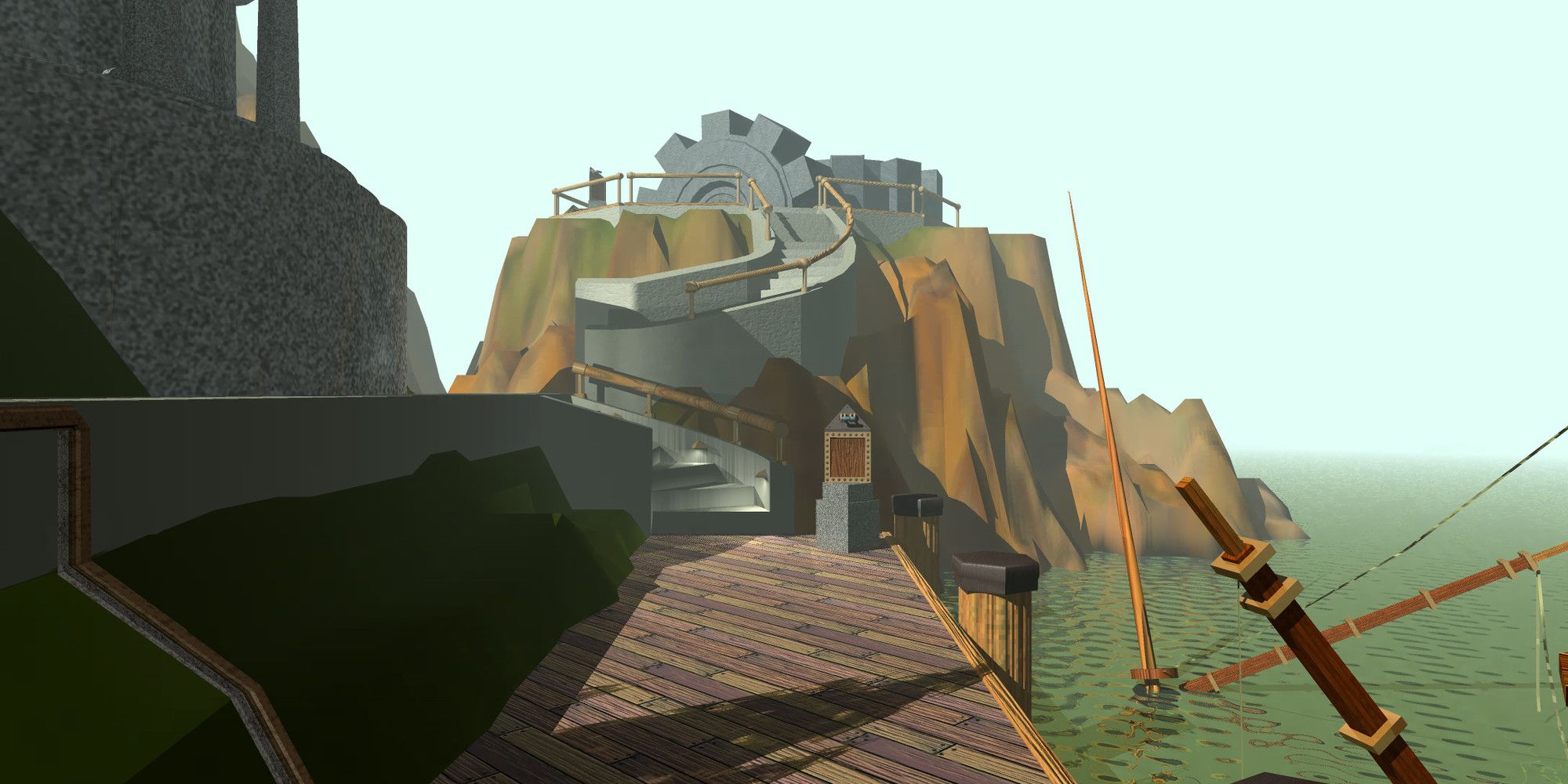 A spiraling staircase on an island in Myst