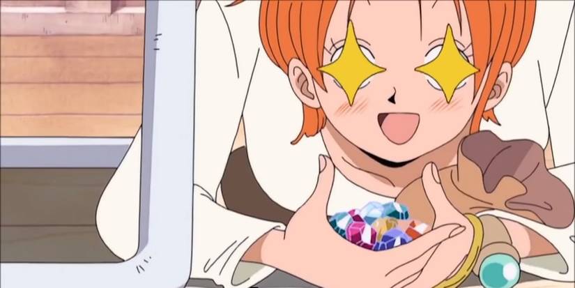 Nami fawning over Crocodile's jewelry in the One Piece anime