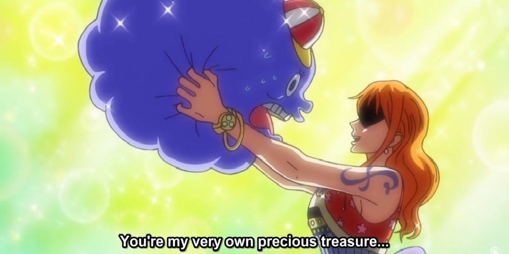 Nami holding a nervous Zeus in the One Piece anime