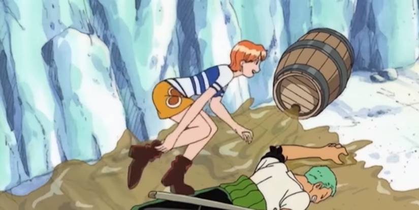 Nami using Zoro as a launching pad in the One Piece anime