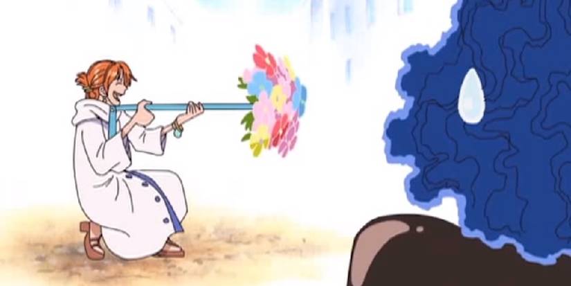 Nami attempting to fight Miss Doublefinger in the One Piece anime
