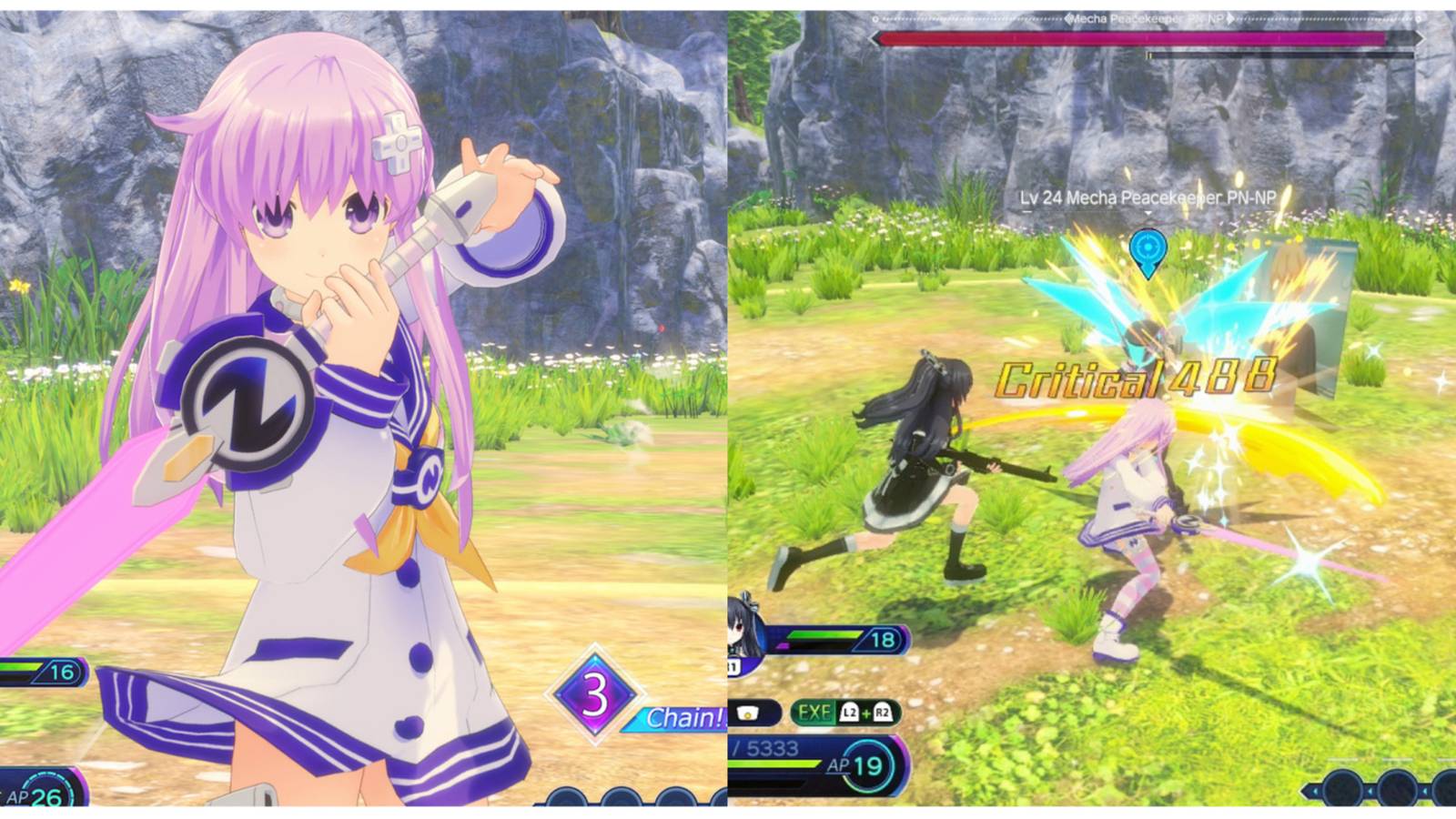 split image of Nepgear and a battle in Neptunia: Sisters Vs. Sisters