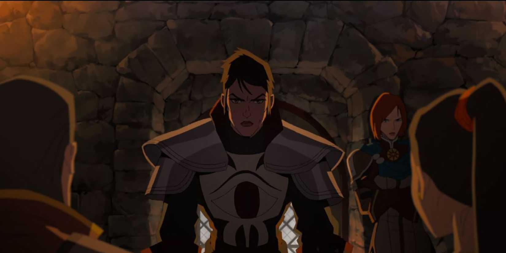 Cassandra addressing Fairbanks and Hira, Leliana silent and surly in the background. 