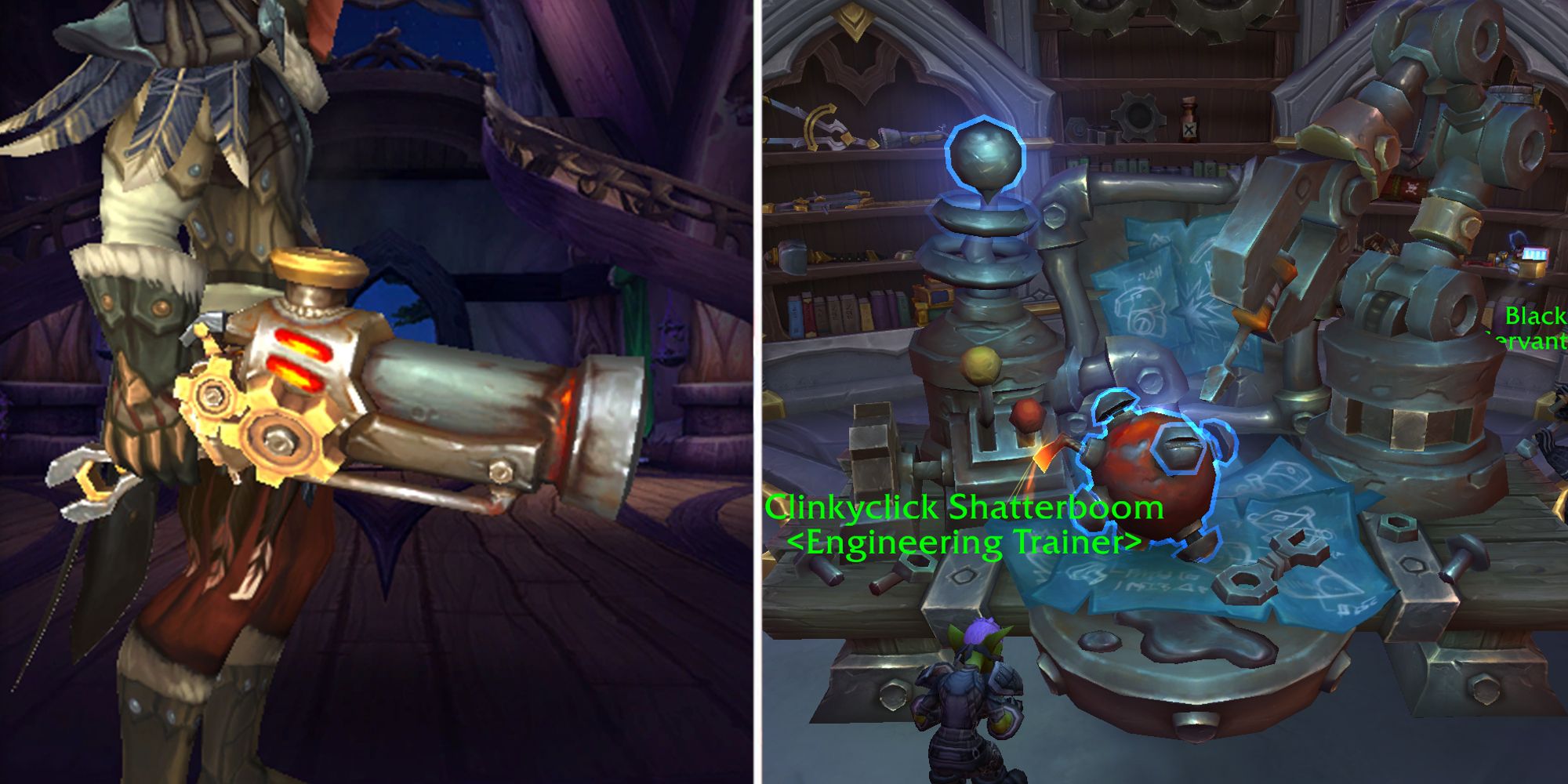 Night Elf holds ol' smoky gun next to the Engineer workbench in World of Warcraft Dragonflight