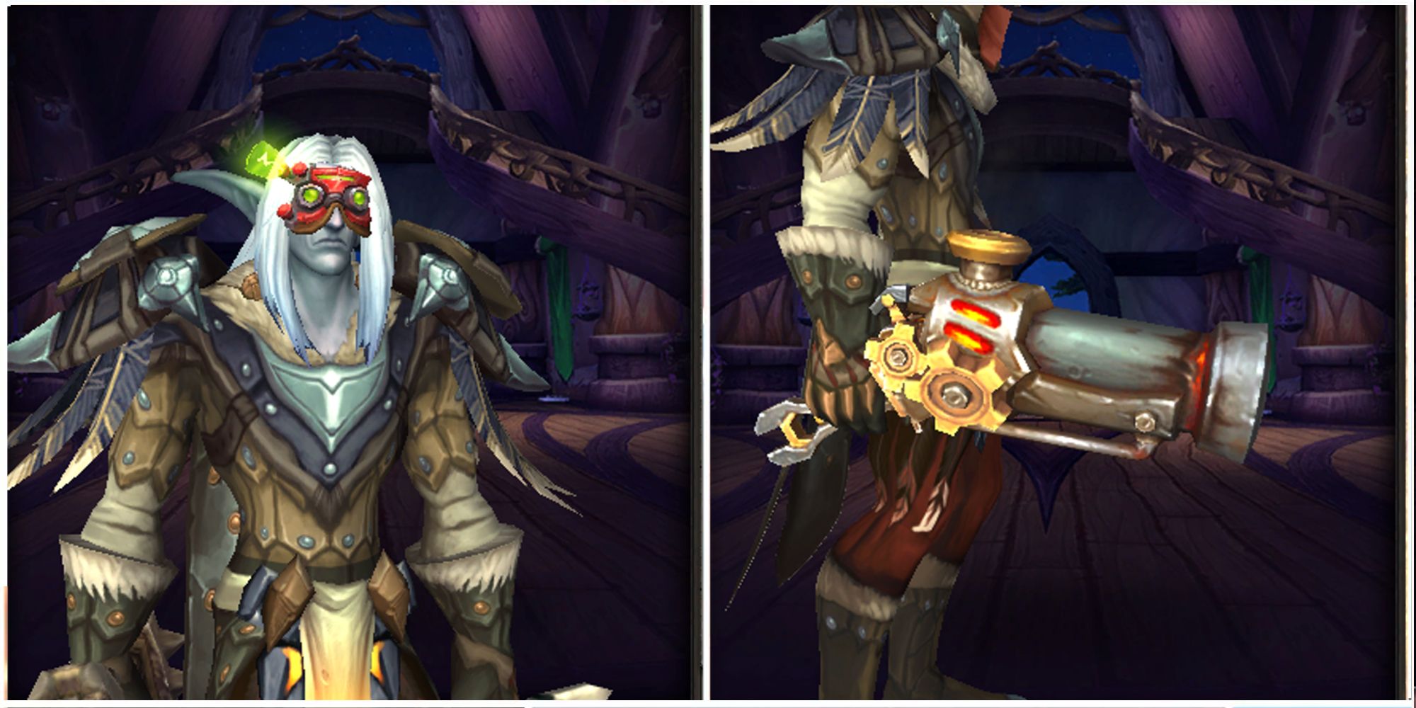 Night Elf Hunter wears engineering goggles and holds gun in World of Warcraft Dragonflight