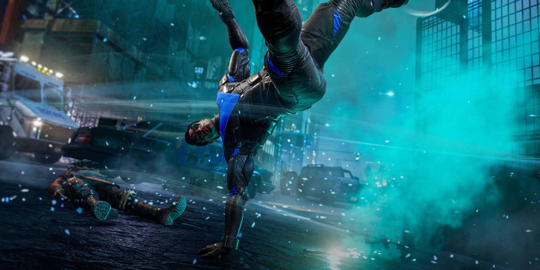 Nightwing doing an acrobatic technique