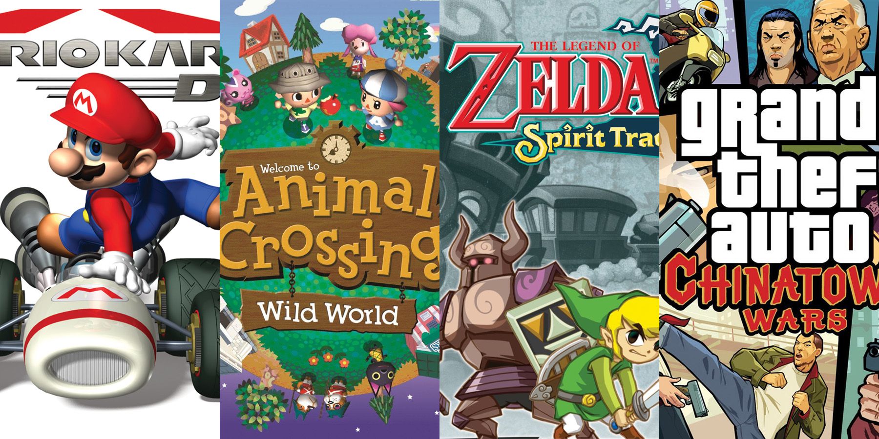 compressed box art for mario kart ds, animal crossing: wild world, the legend of zelda: spirit traces and gta chinatown wars