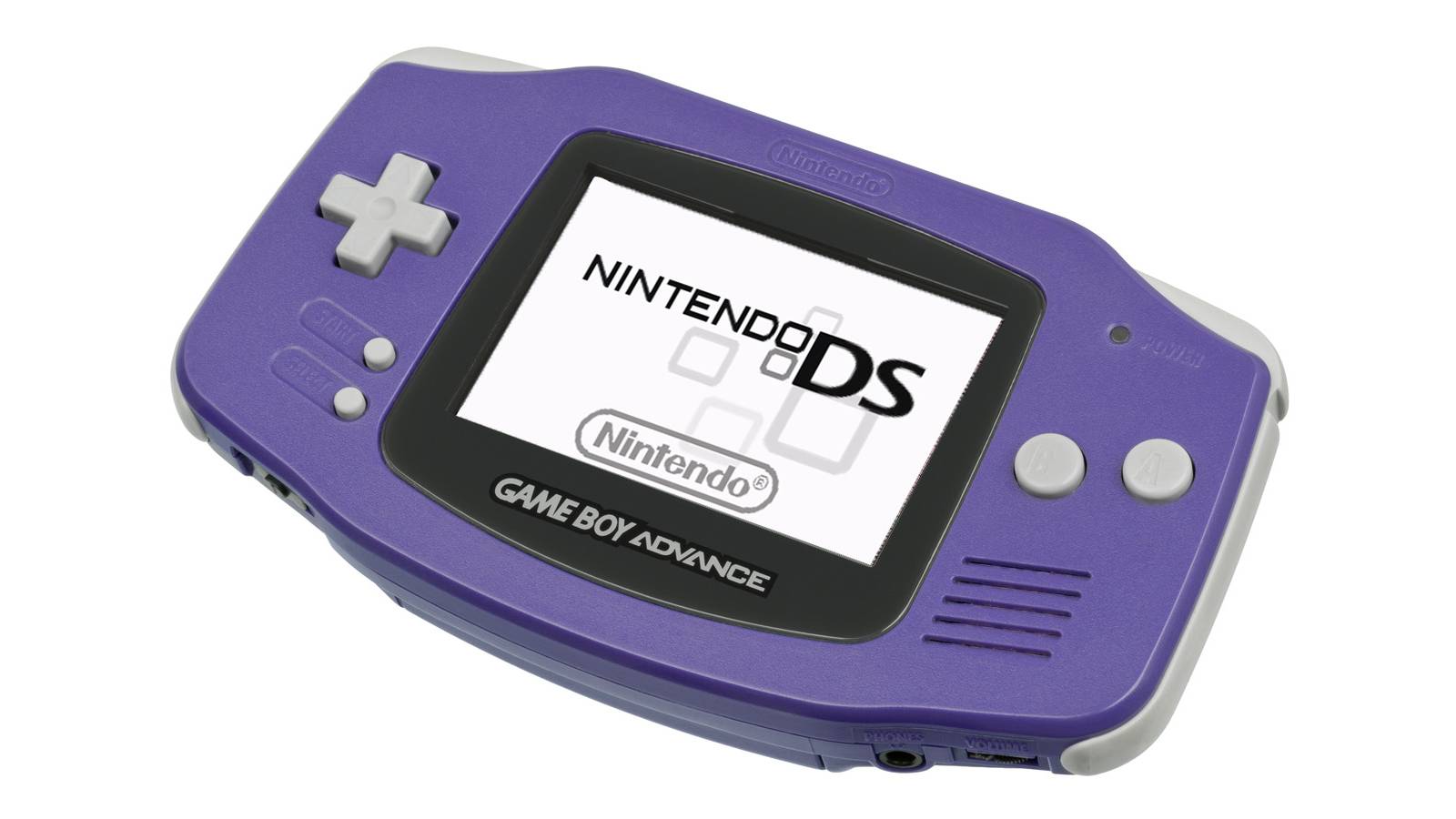 a purple nintendo game boy advance with the nintendo ds start screen on its display