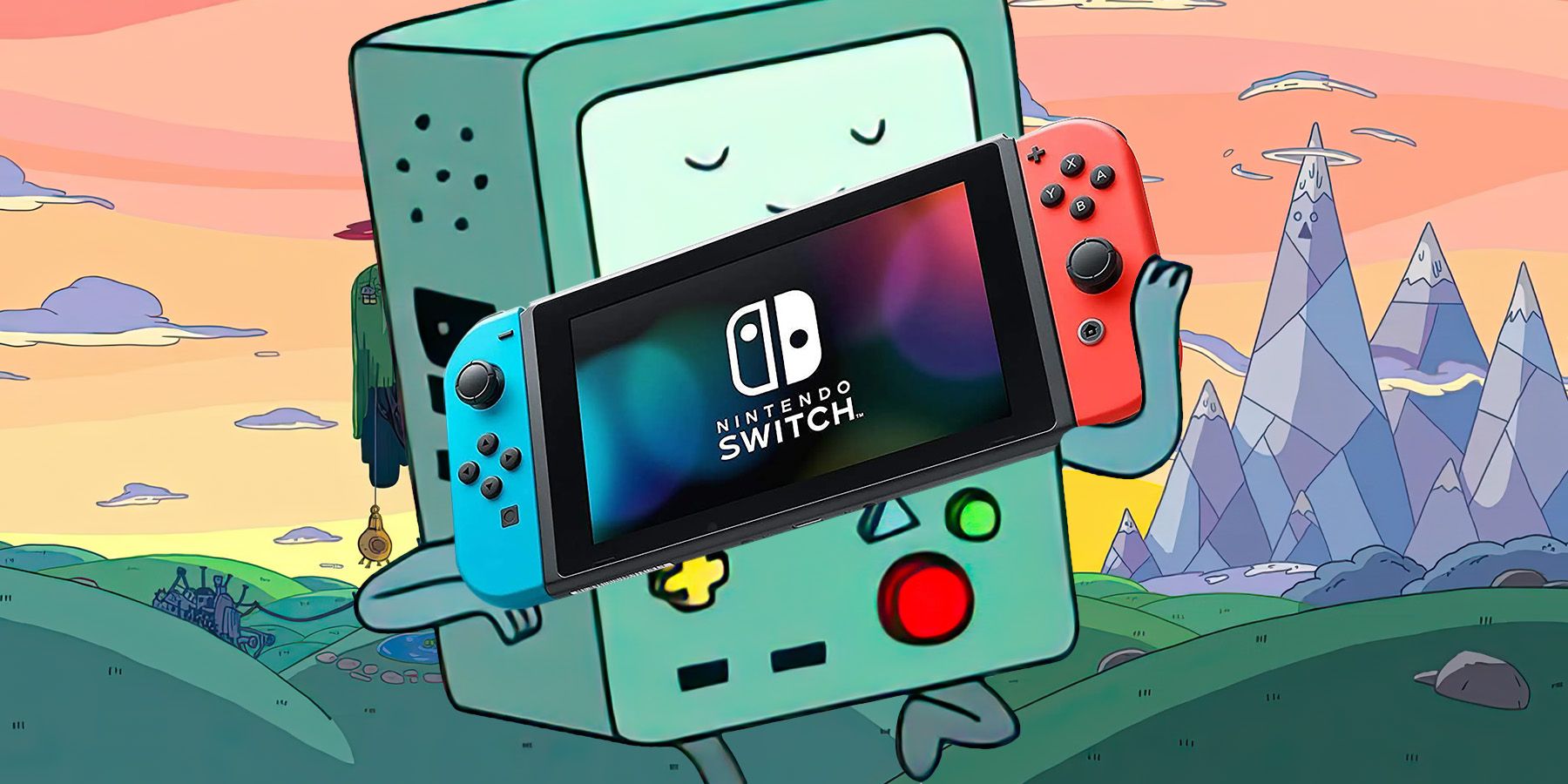 bmo from adventure time holding a nintendo switch
