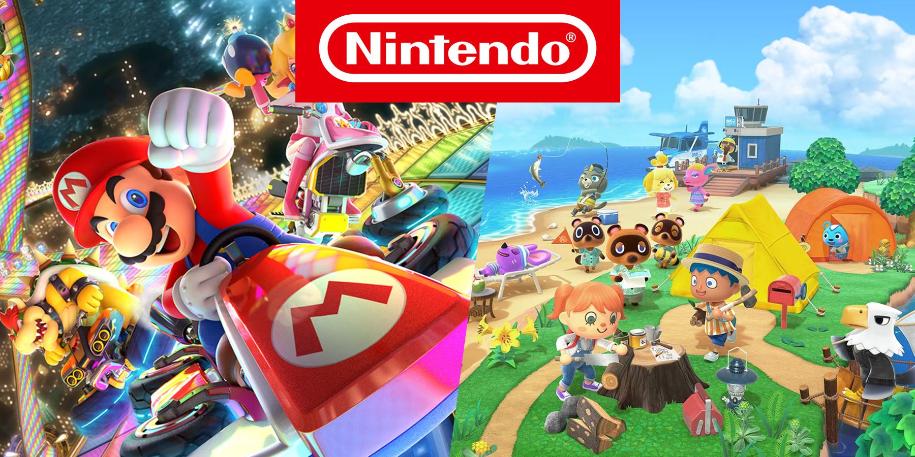 box art for mario kart 8 deluxe and animal crossing: new horizons side by side with the nintendo logo between them