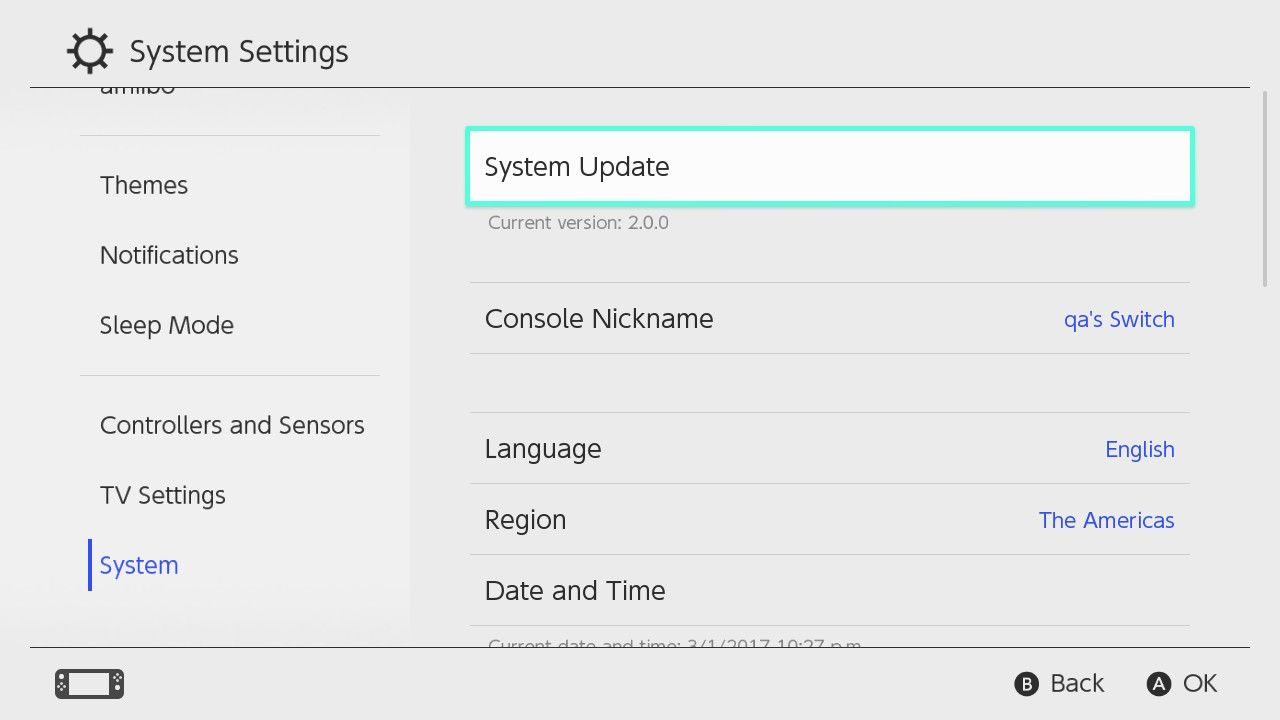 Nintendo Switch System Update Screen