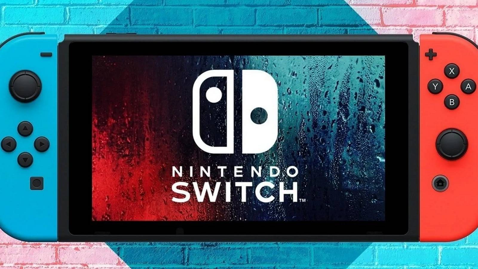 An image of the Nintendo Switch on a multicolored brick wall background.