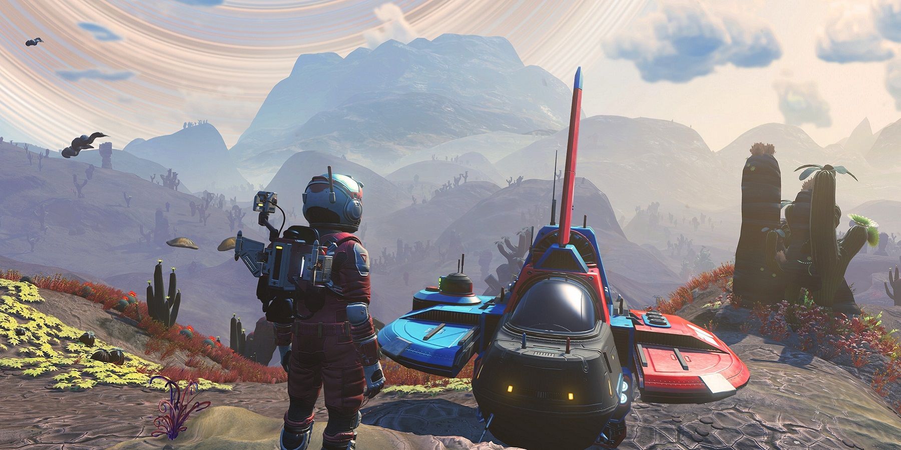 Image from No Man's Sky showing the Traveler by their ship.