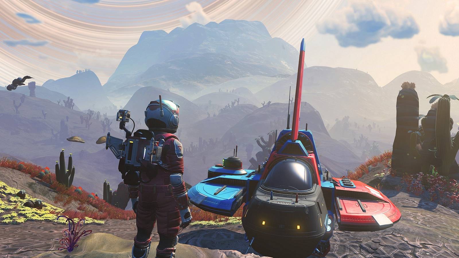 Image from No Man's Sky showing the Traveler by their ship.