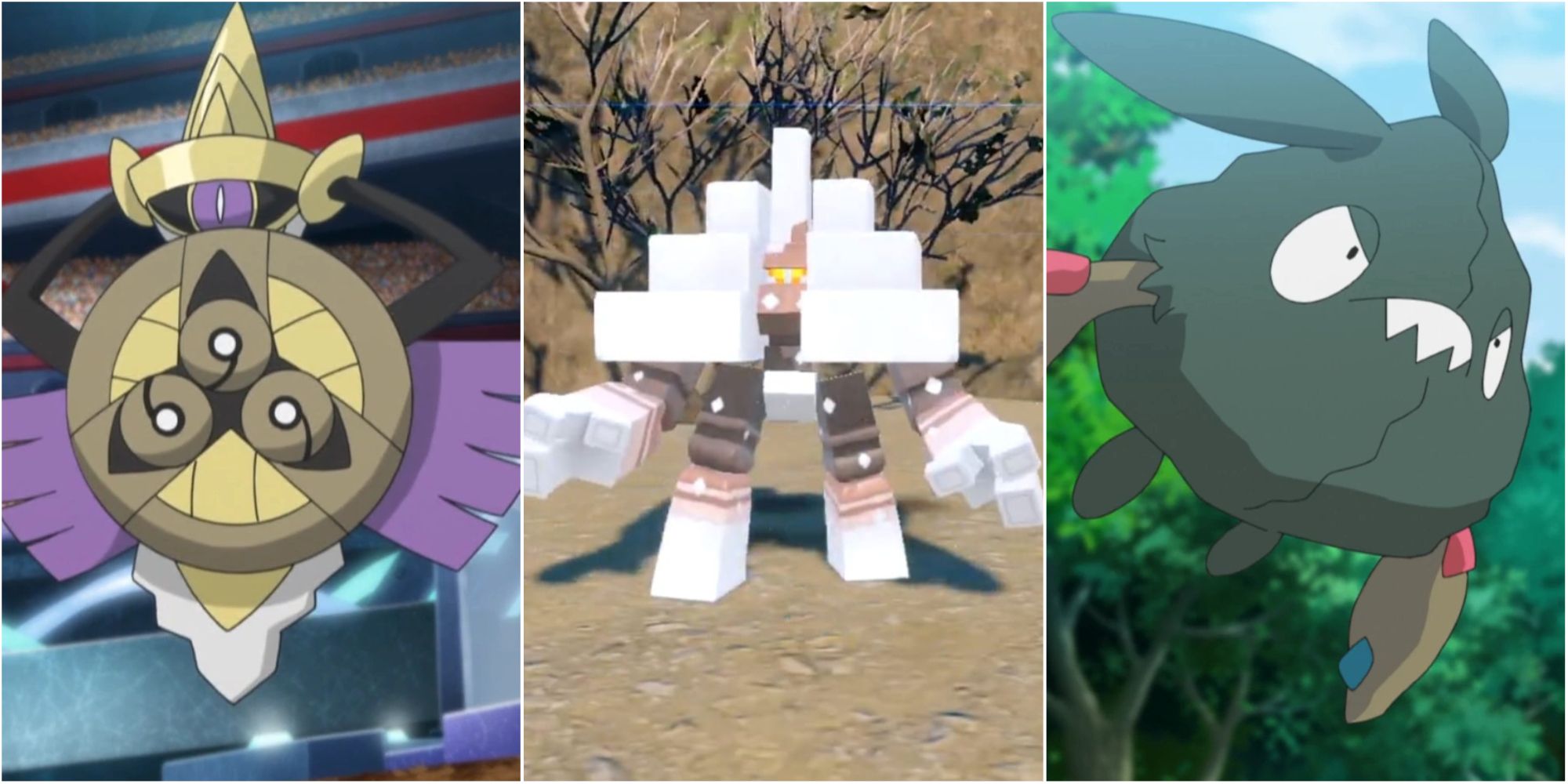 Three way split grid of aegislash, garganacl, and trubbish